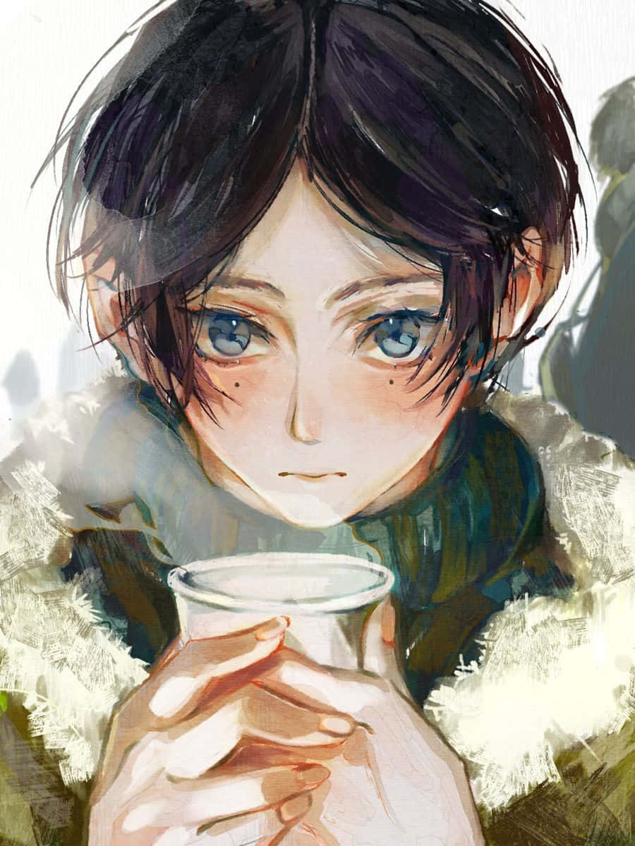 Contemplative Anime Character Holding Cup Wallpaper