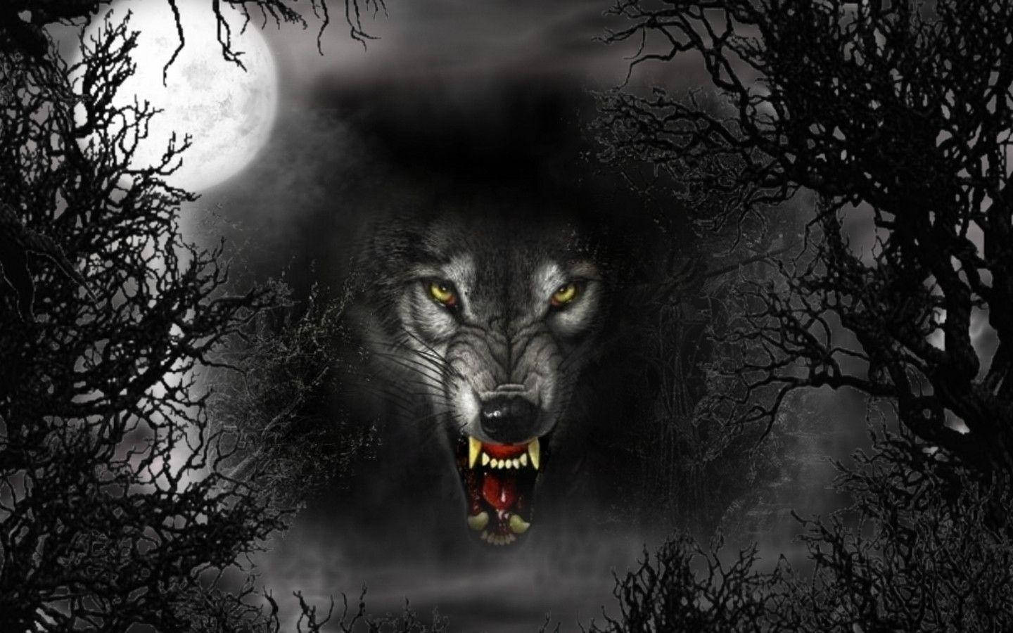 Cool Black Wolf Growling Between Trees Wallpaper