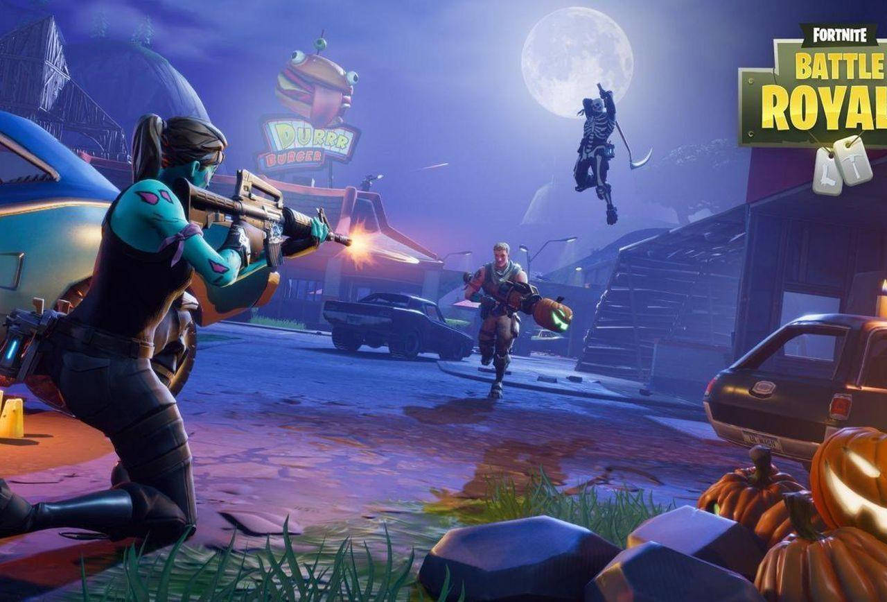 Cool Fortnite Skin Players Fighting Outside Diner Wallpaper