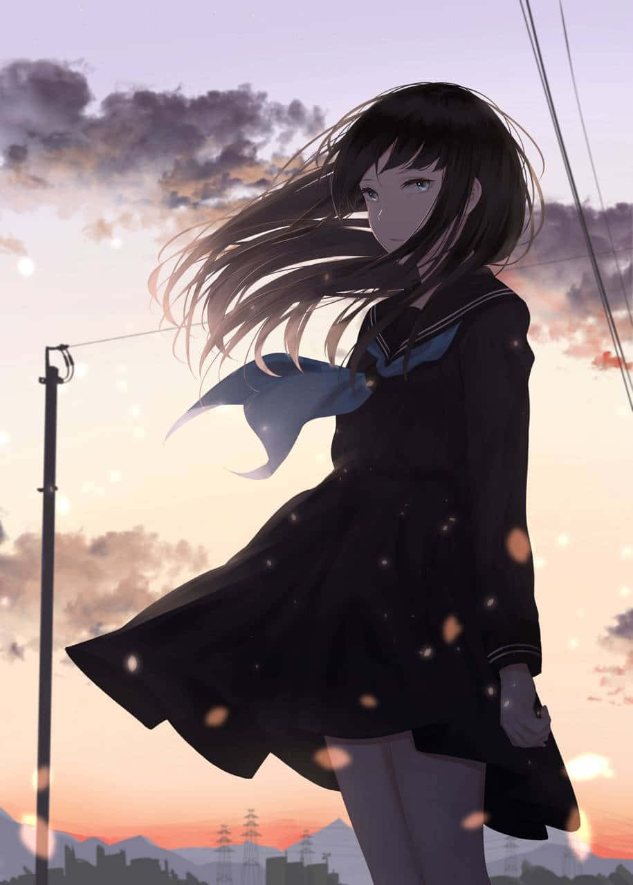 Cool Sad Anime School Girl On A Windy Day Wallpaper