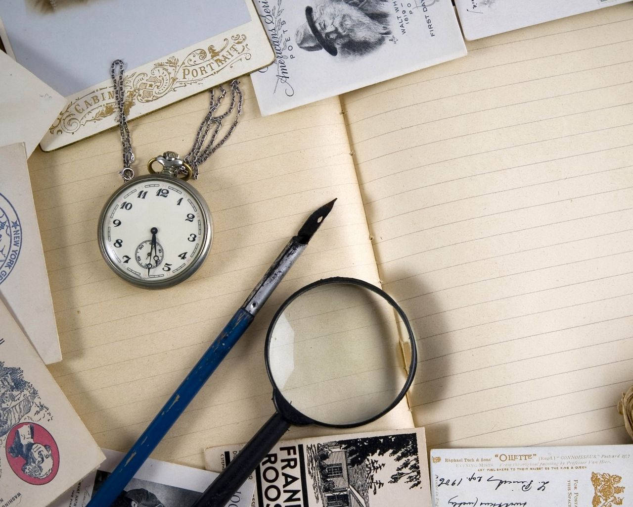 Cool Vintage Desk With Writing Materials Wallpaper