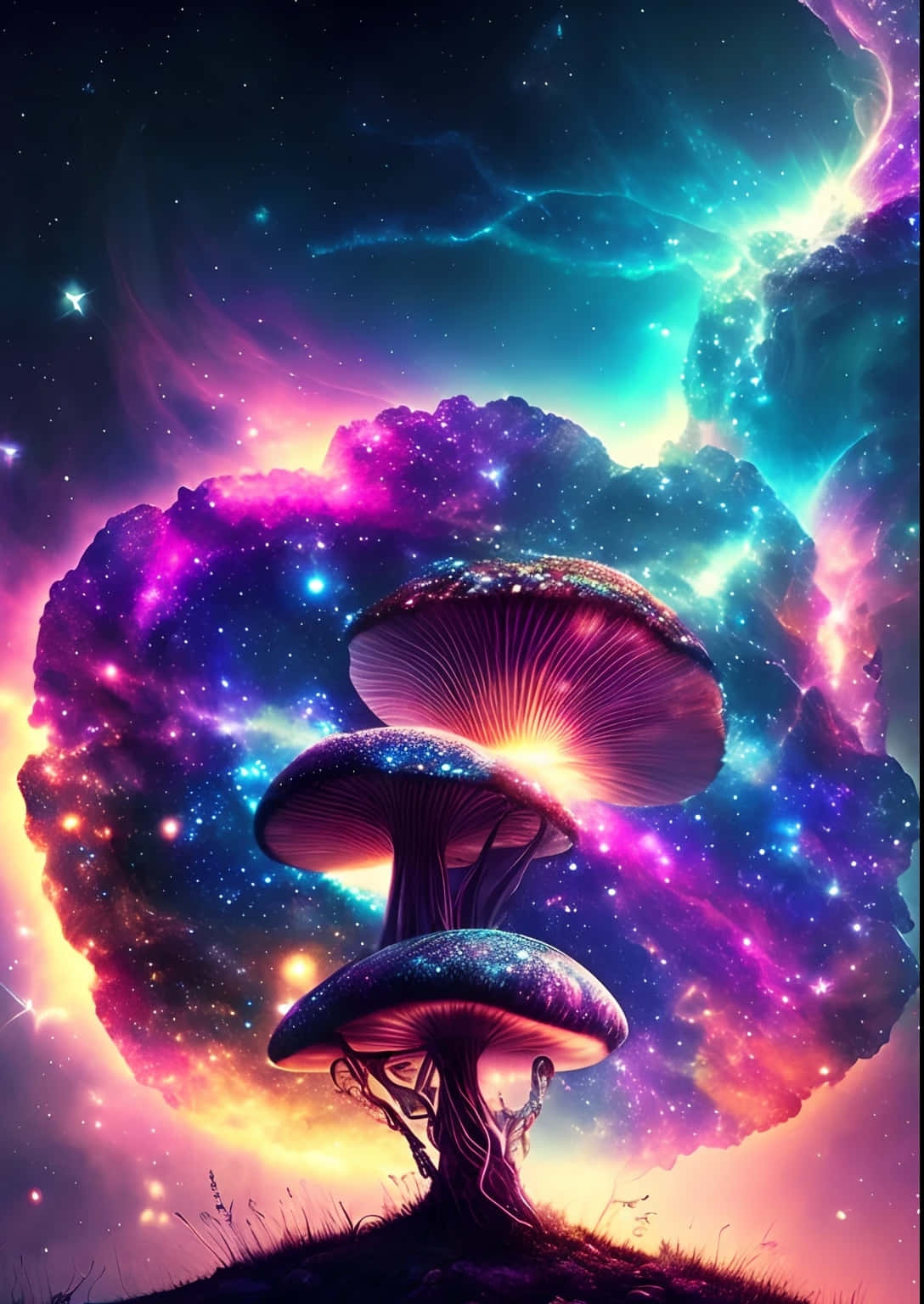 Cosmic_ Mushrooms_and_ Astronaut_ Art Wallpaper