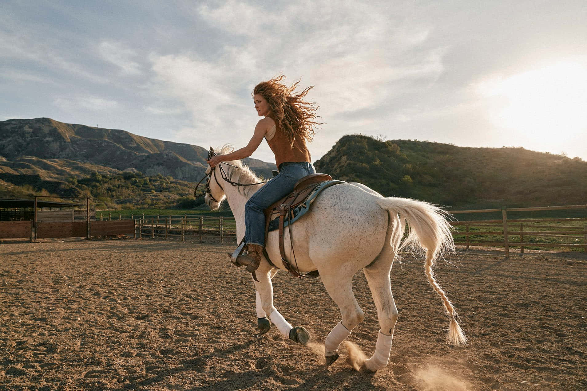 Country Girl Horseback Ridingat Sunset Wallpaper