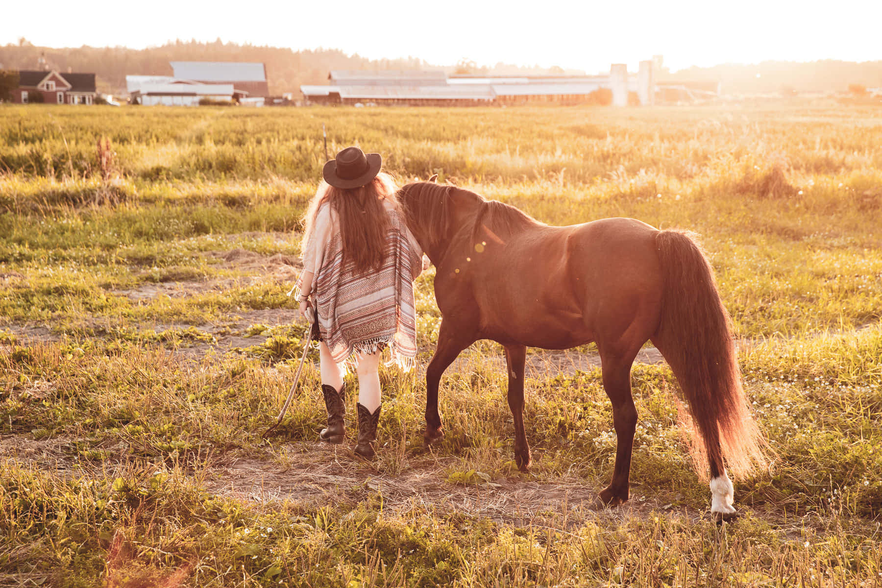 Country Girl Sunset Strollwith Horse Wallpaper