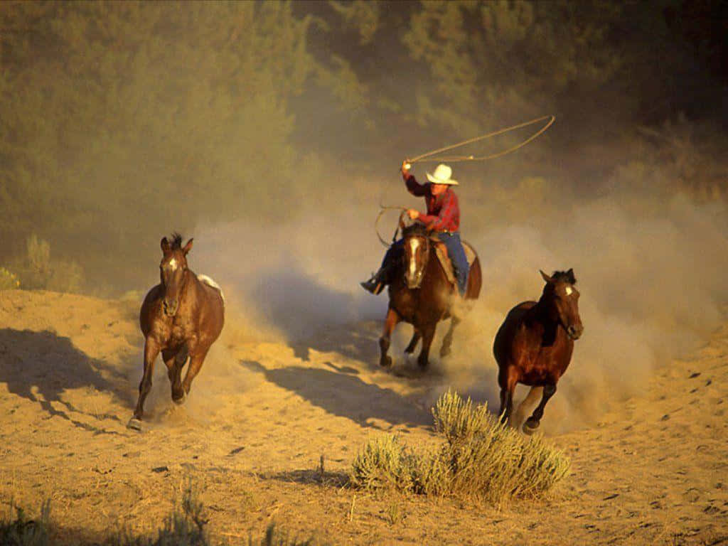 Cowboy Riding Horse On Mountainside Wallpaper