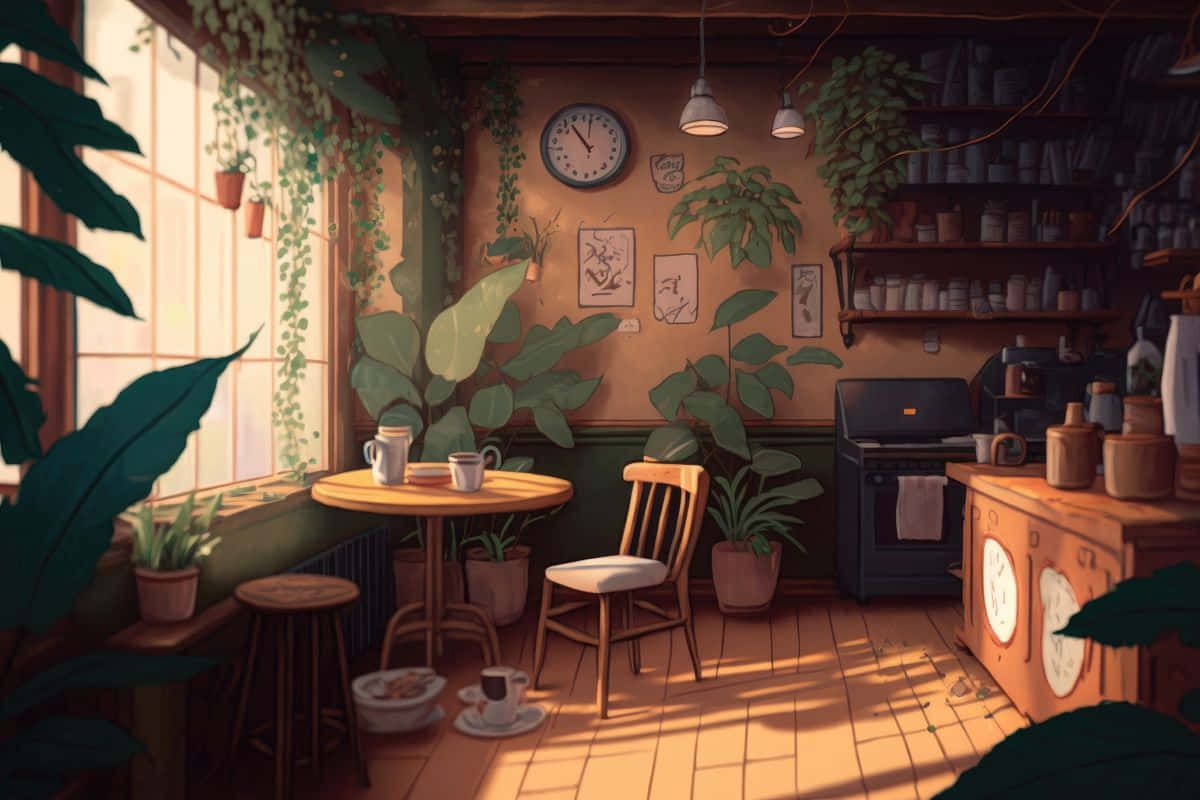 Cozy Cafe Interiorwith Plantsand Warm Lighting.jpg Wallpaper