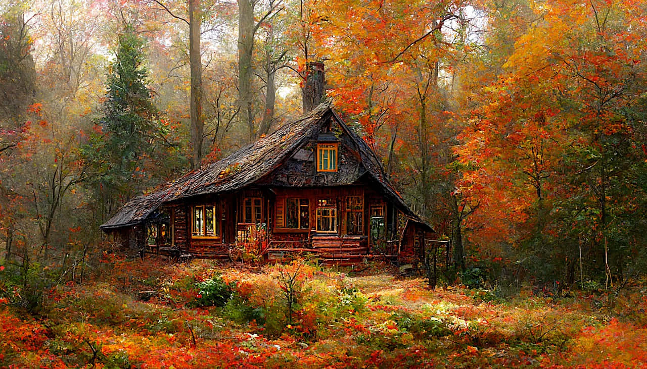 Cozy Fall Cabin In Serene Woodlands Wallpaper