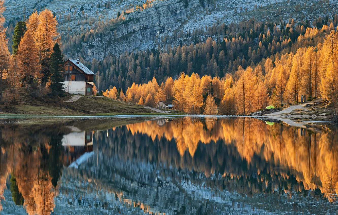 Cozy Fall Cabin Surrounded By Vibrant Autumn Scenery Wallpaper