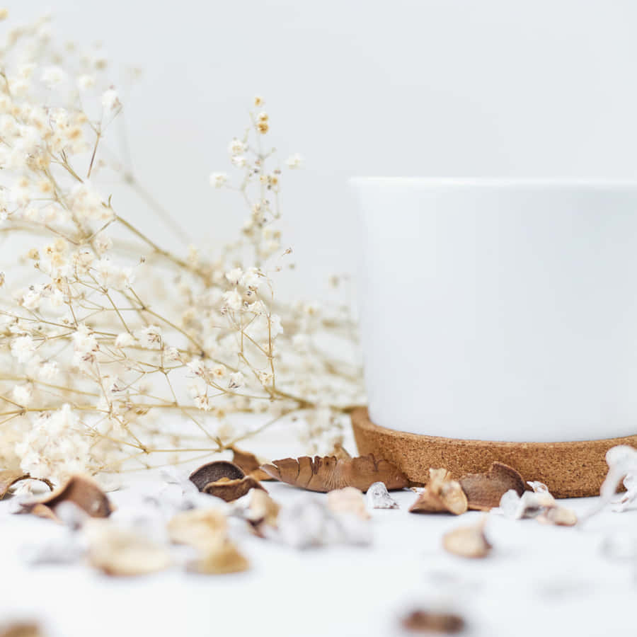 Cozy Minimalist White Mug And Dried Flowers Wallpaper