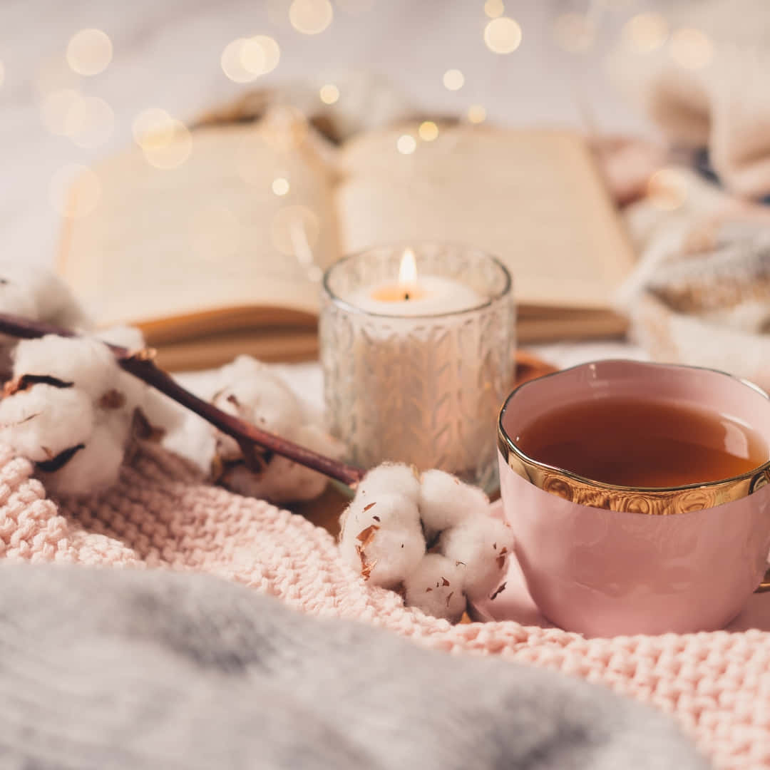 Cozy Pink Winter Tea Time Wallpaper