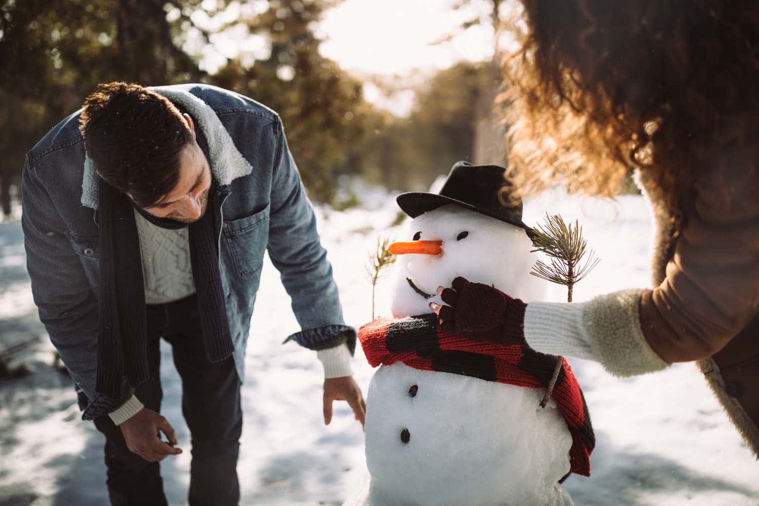 Cozy Winter Aesthetic Candid Photography Of Lovers And Snowman Wallpaper