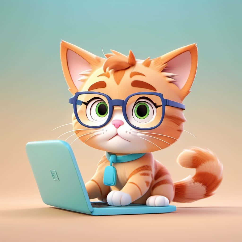 Cute Animated Cat Typingon Laptop Wallpaper