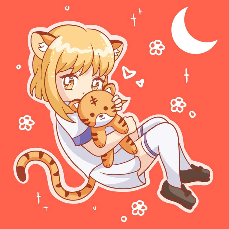 Cute_ Anime_ Girl_with_ Tiger_ Tail_and_ Ears_ Hugging_ Plushie Wallpaper