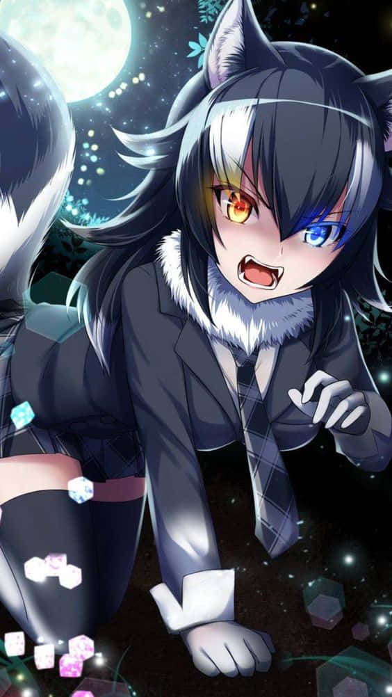 Cute Anime Wolf Girl During Full Moon Wallpaper