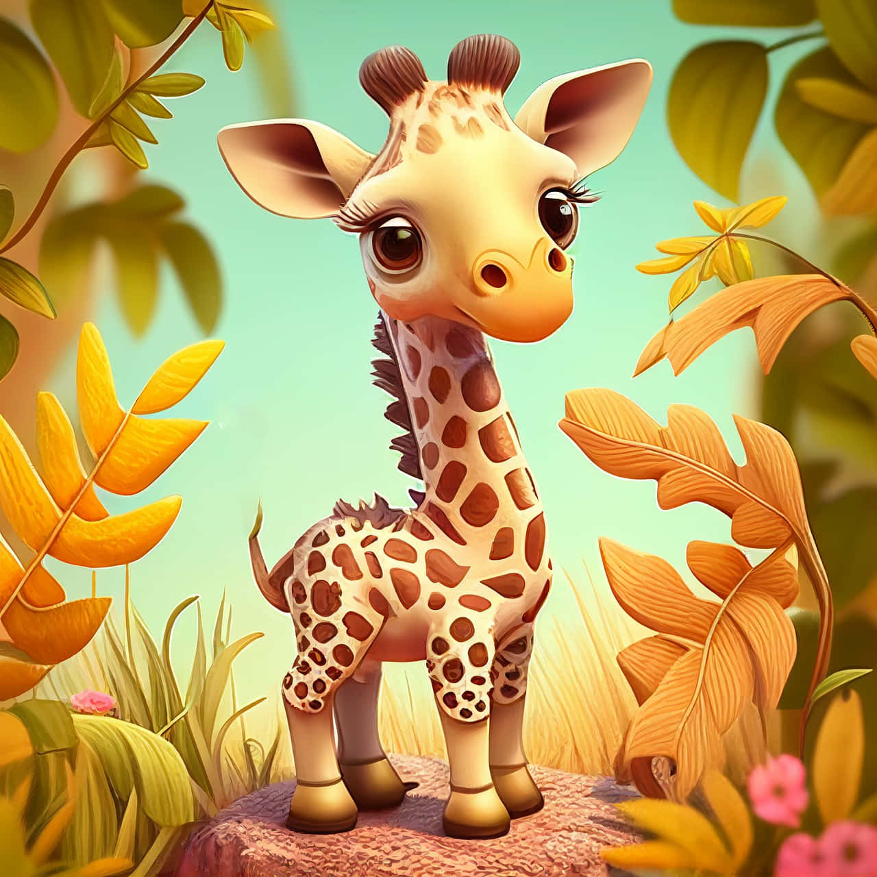 Cute Baby Giraffe 3d Cartoon Art Wallpaper