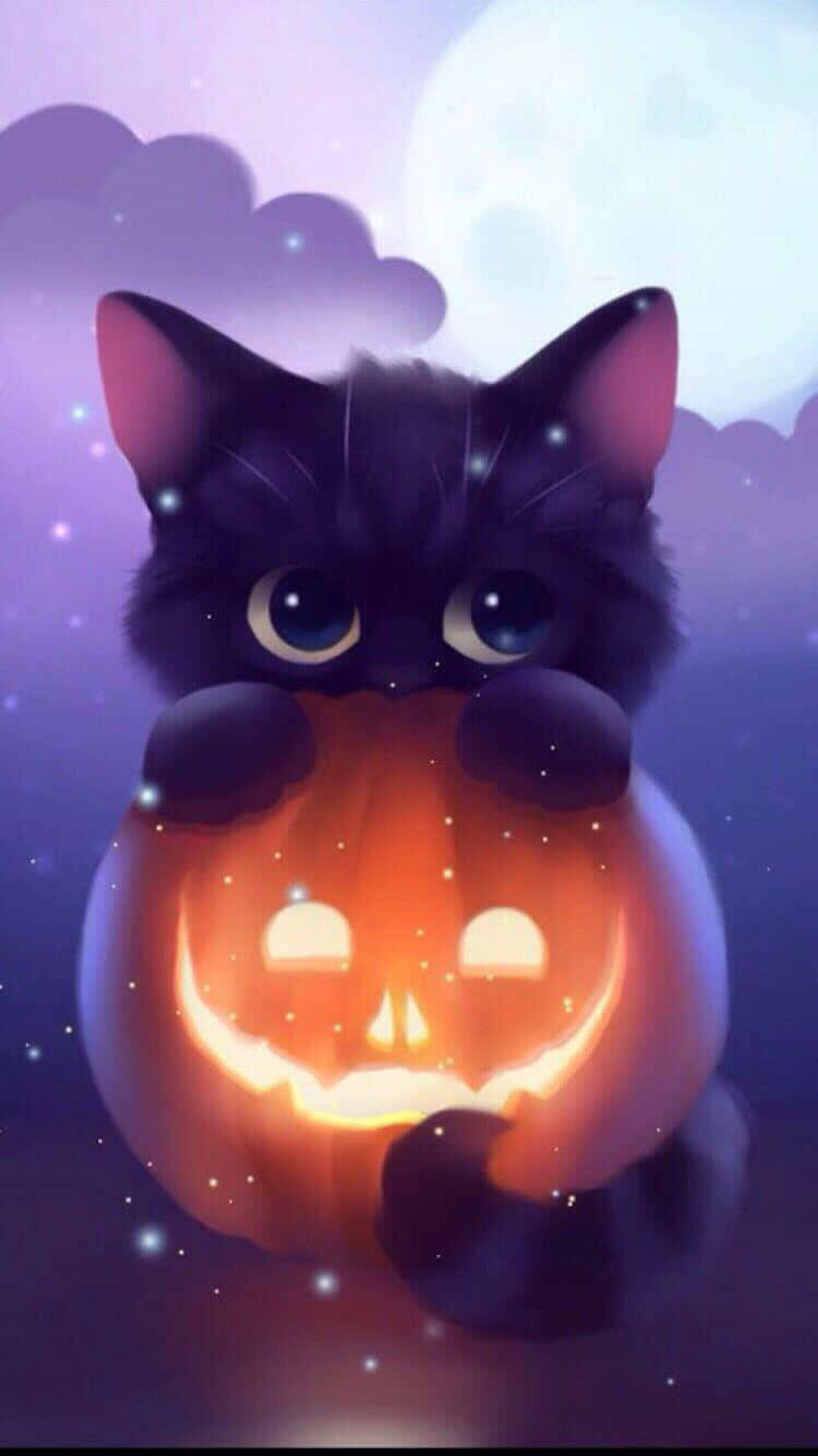 Cute Black Cat Hugging Jack O Lantern Wallpaper