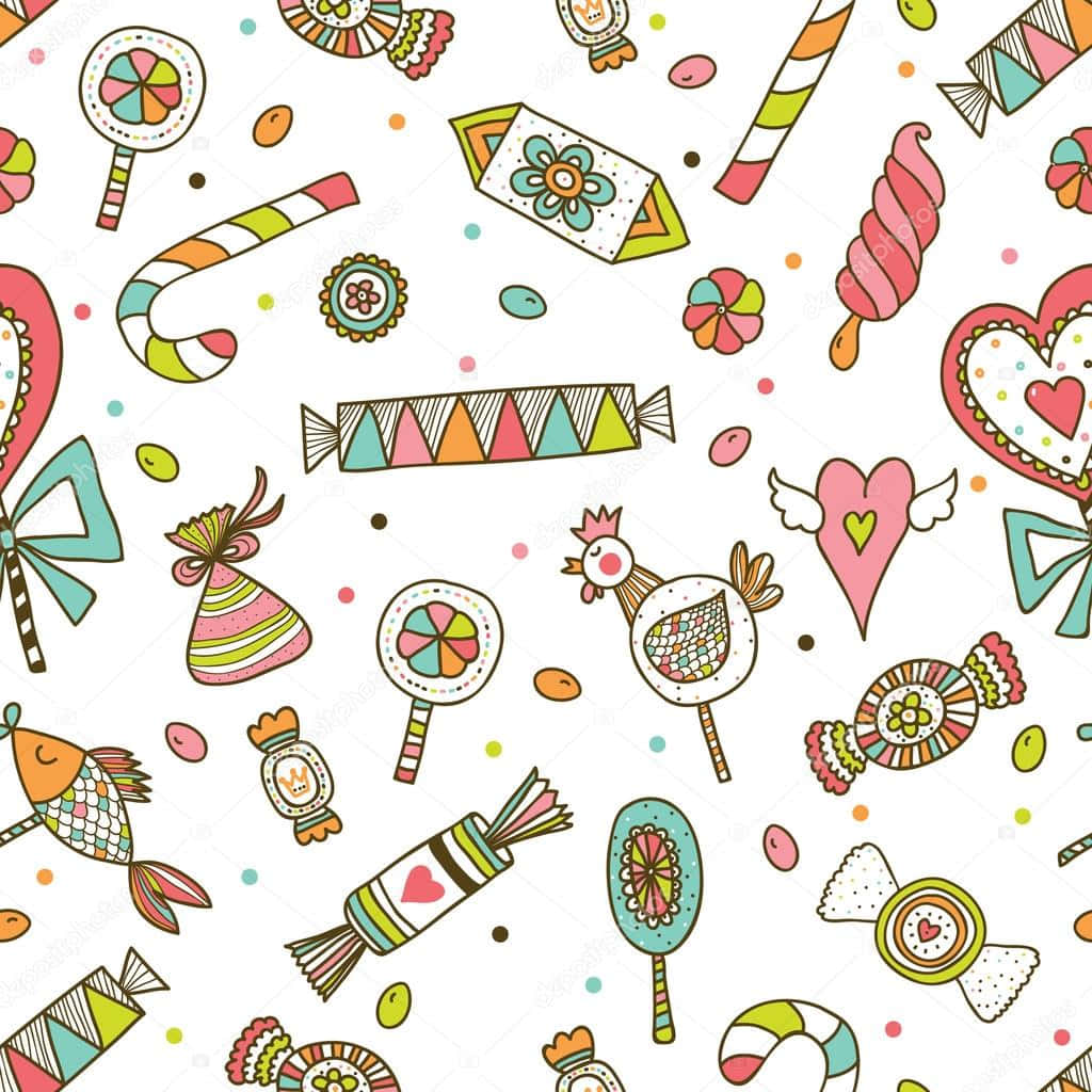 Cute Candies Ribbons Hearts Wallpaper