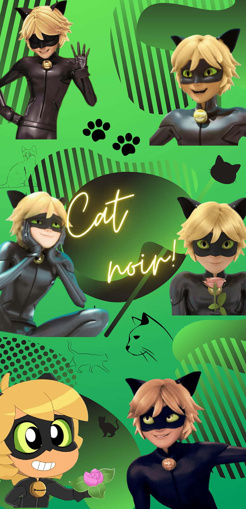 Cute Cat Noir Funky Green Collage Wallpaper