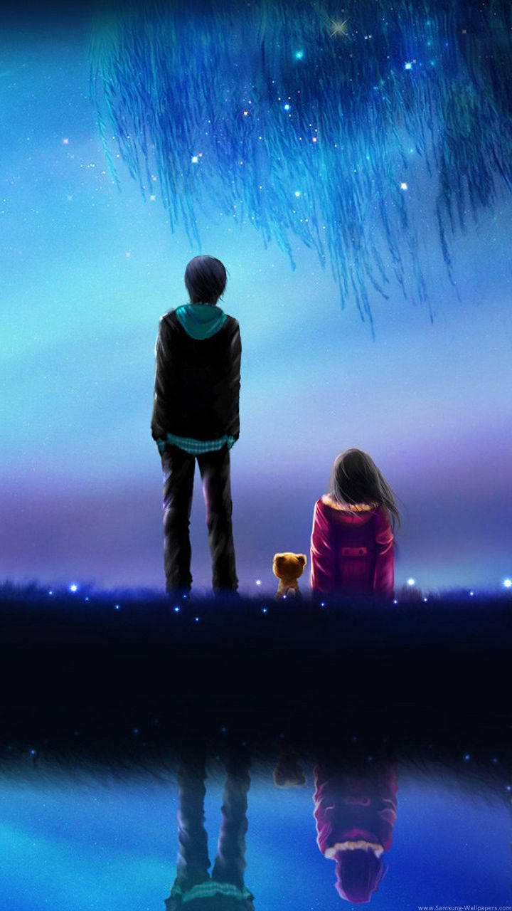 Cute Couple Cartoon Blue Night Sky Wallpaper