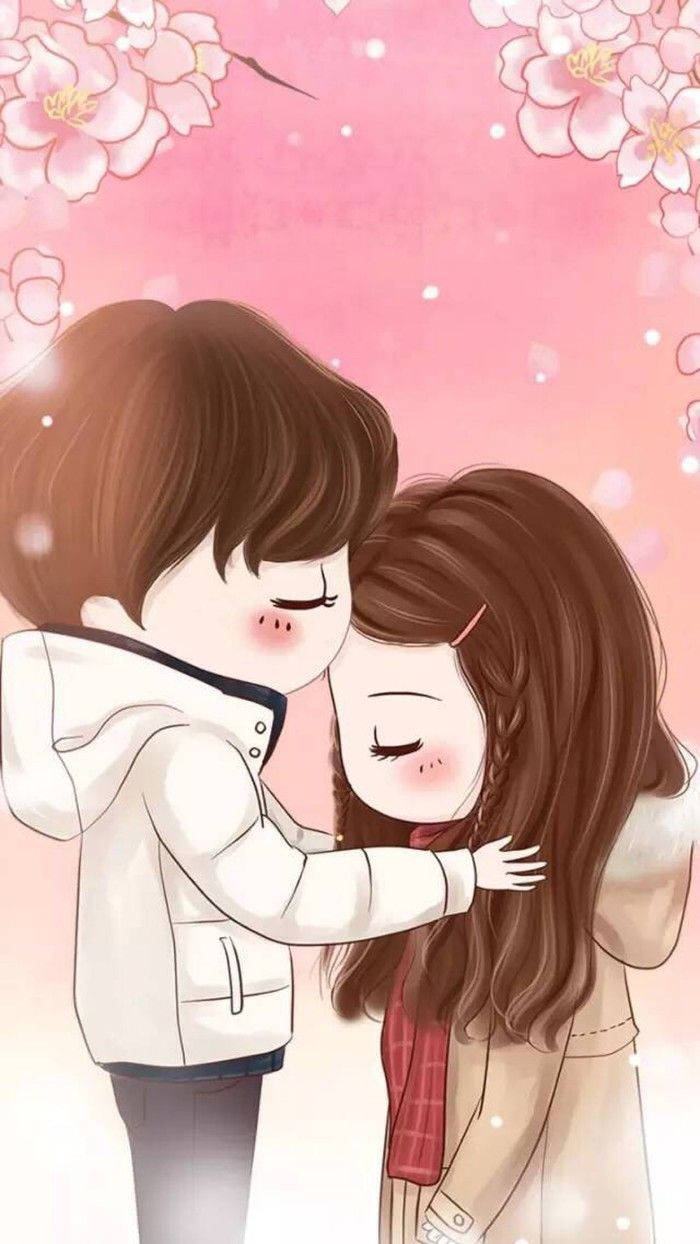 Cute Couple Cartoon Pink Flowers Wallpaper