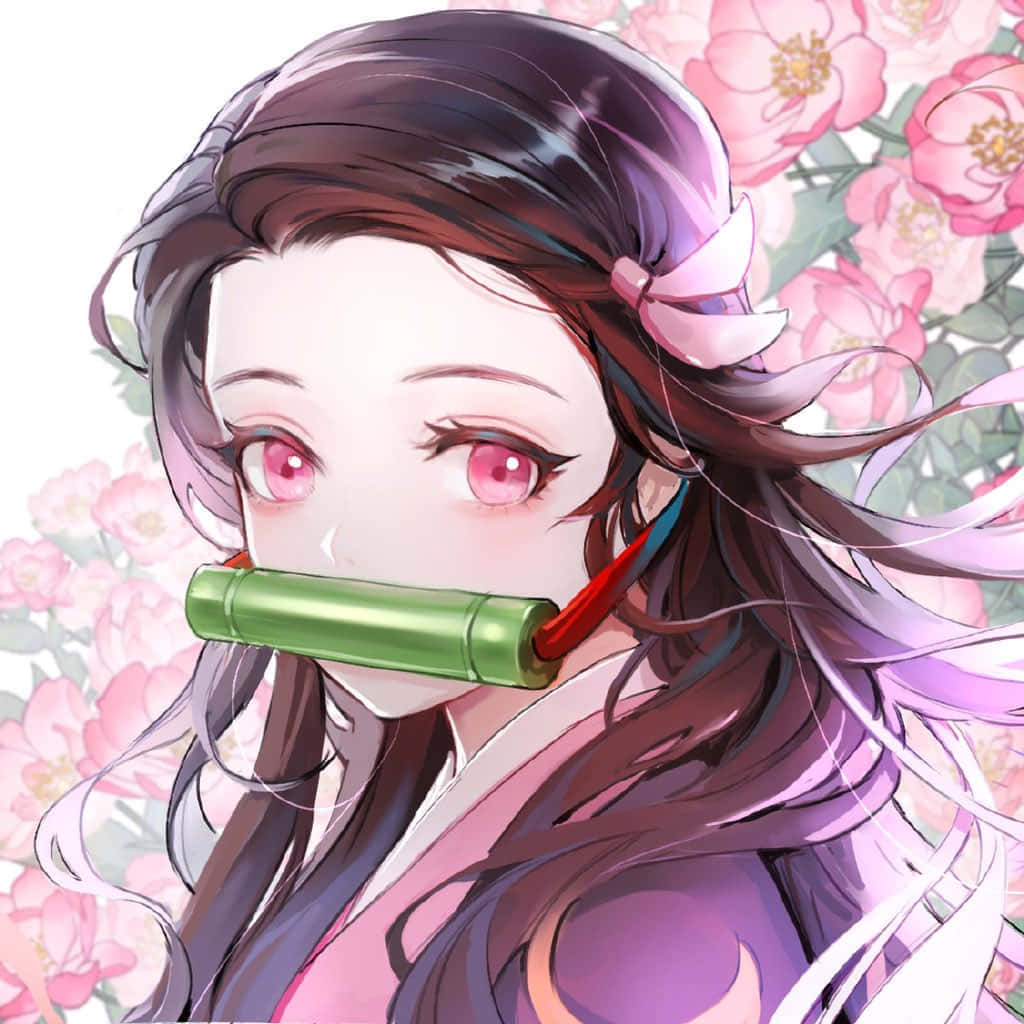 Cute Demon Slayer Character Nezuko Kamado With Flowers Wallpaper