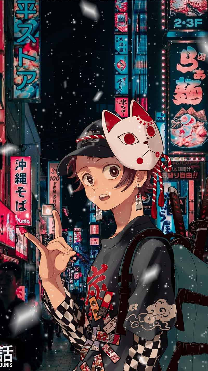 Cute Demon Slayer Character Tanjiro Kamado On City Nightlife Wallpaper