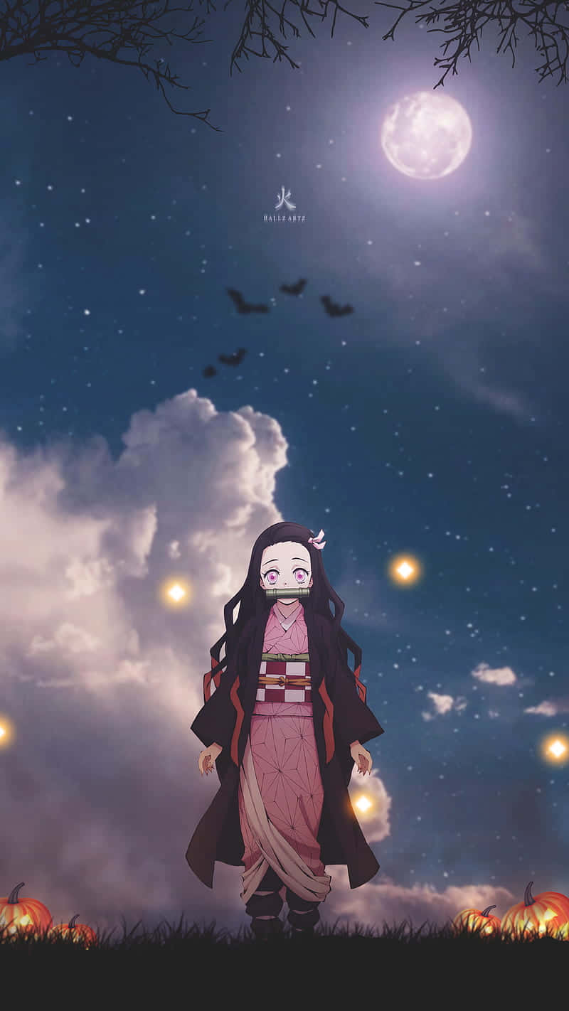 Cute Demon Slayer Nezuko Kamado Night Sky Aesthetic Wallpaper