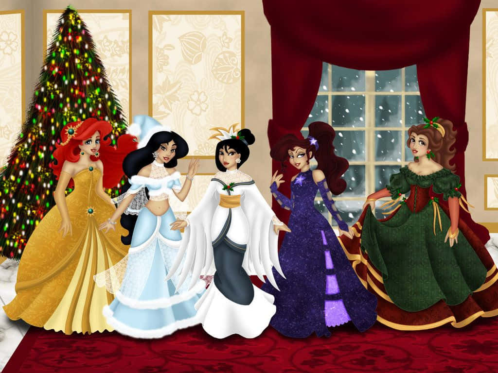 Cute Disney Christmas Five Princesses Wallpaper