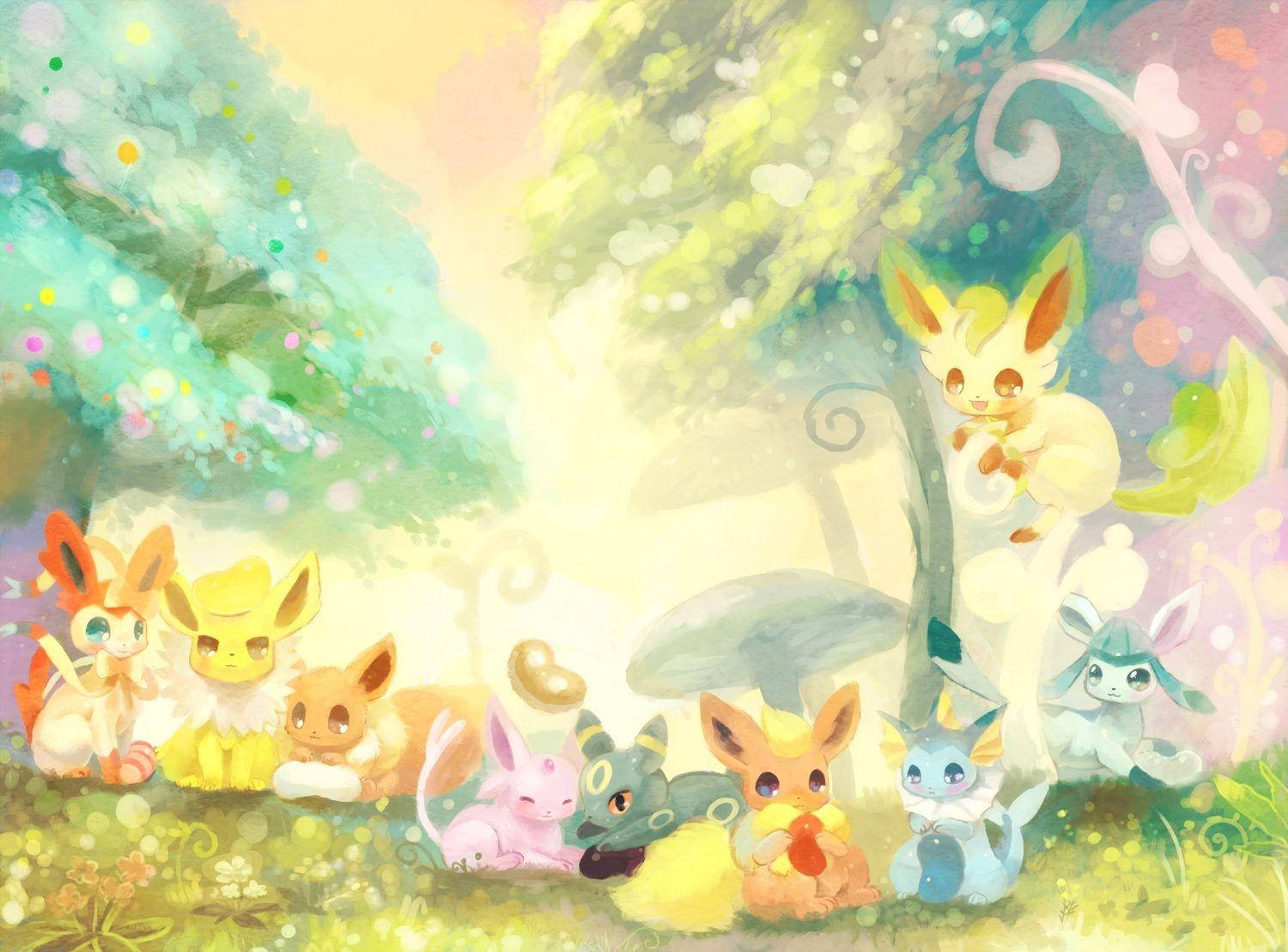 Cute Eeveelutions Colorful Drawing Wallpaper