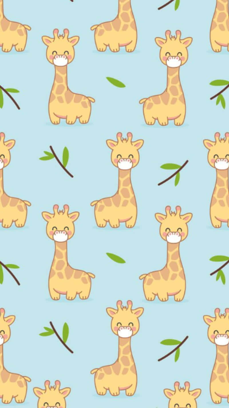 Cute Giraffe Pastel Blue With Leaves Wallpaper