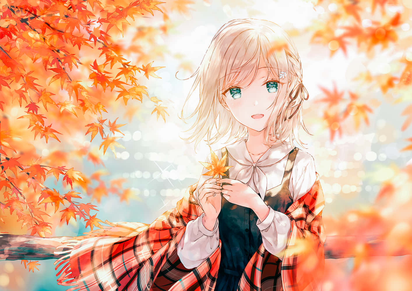 Cute Girl Orange Anime Scene With Maple Leaves Wallpaper