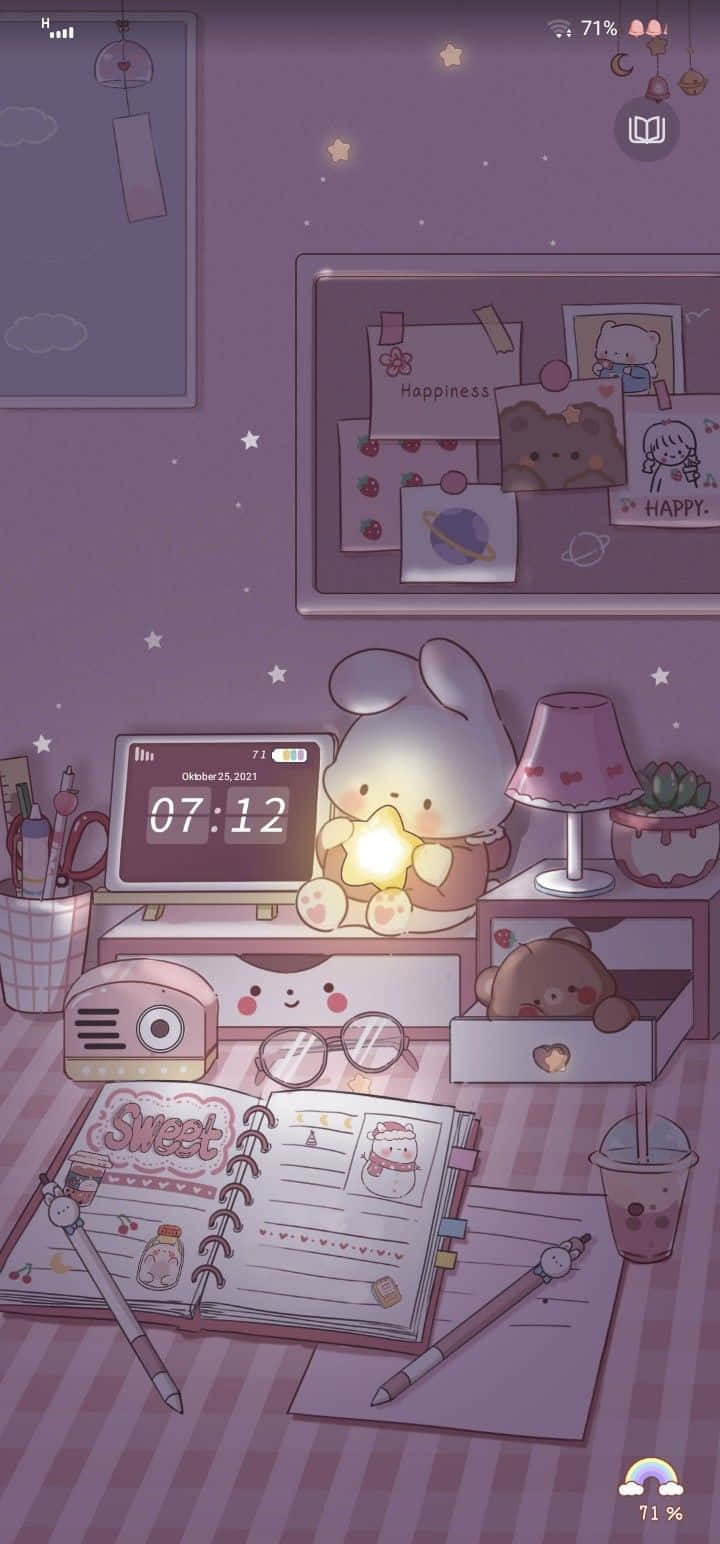 Cute Kawaii Rabbit In A Purple Study Table Wallpaper