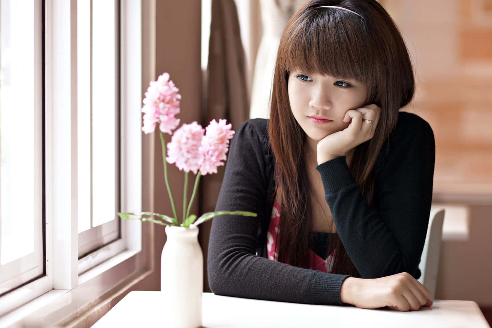 Cute Korean Girl By The Window Wallpaper