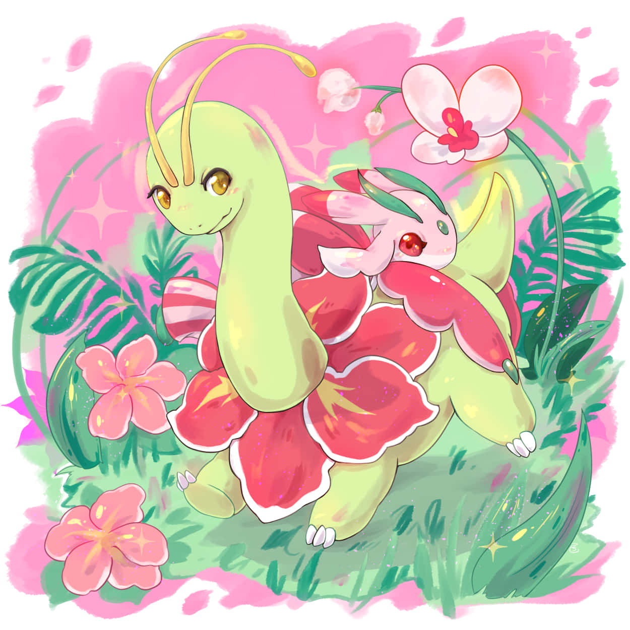 Cute Meganium And Lurantis Illustration Wallpaper