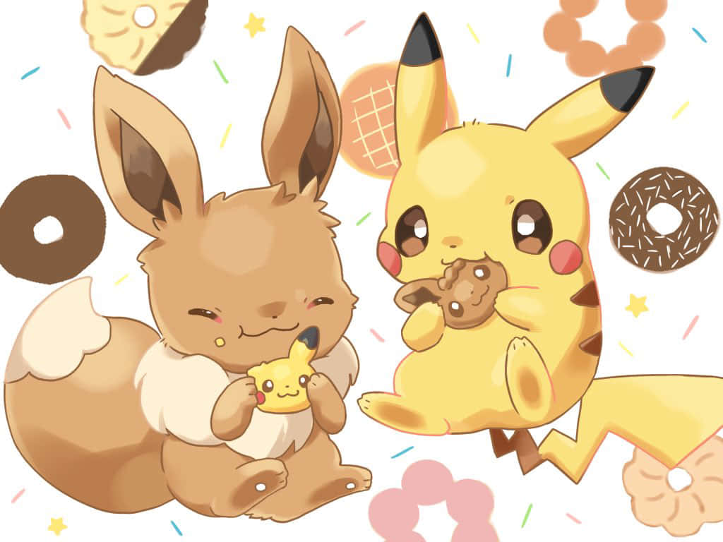 Cute Pikachu And Eevee Cuddling Wallpaper