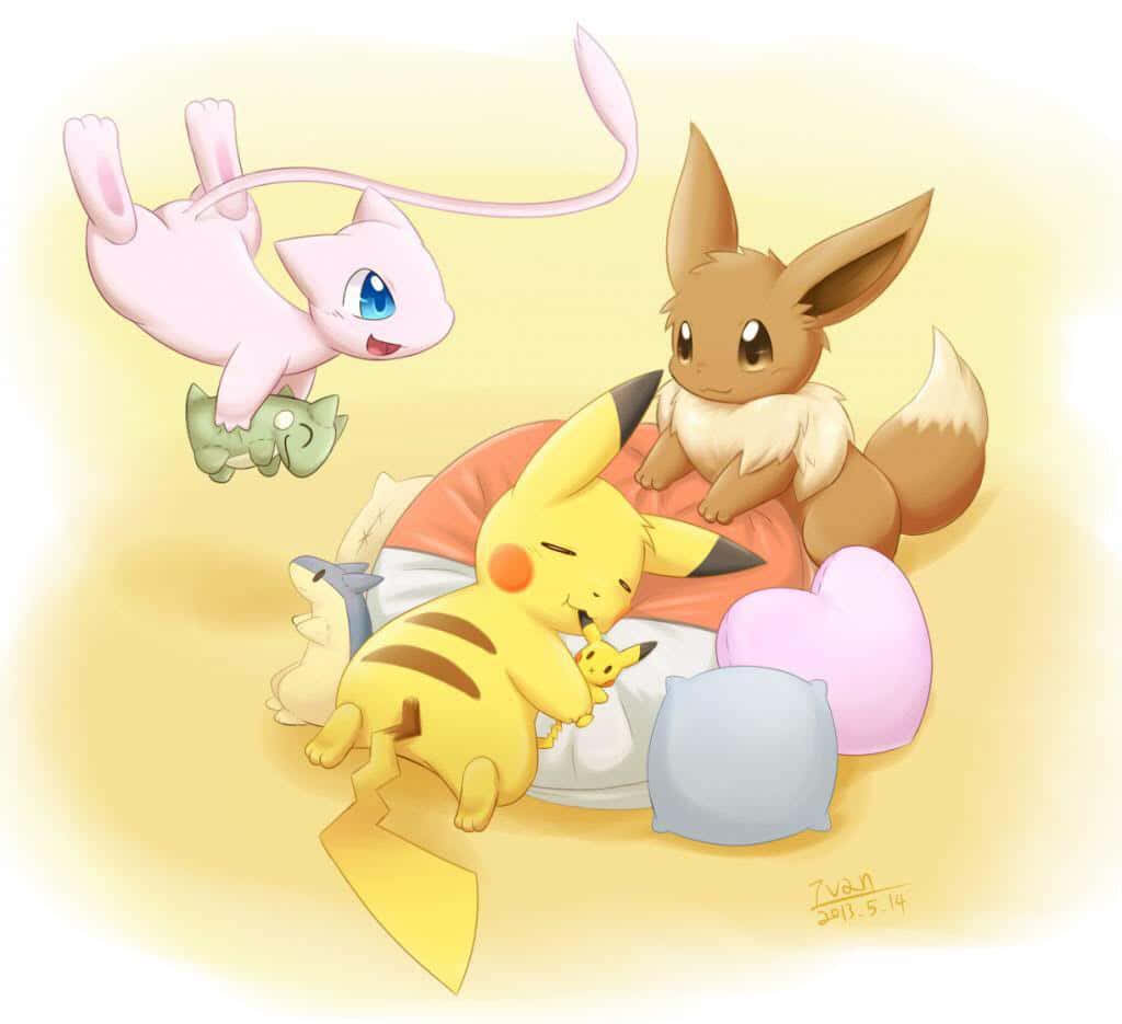 Cute Pikachu And Eevee Greeting Each Other. Wallpaper