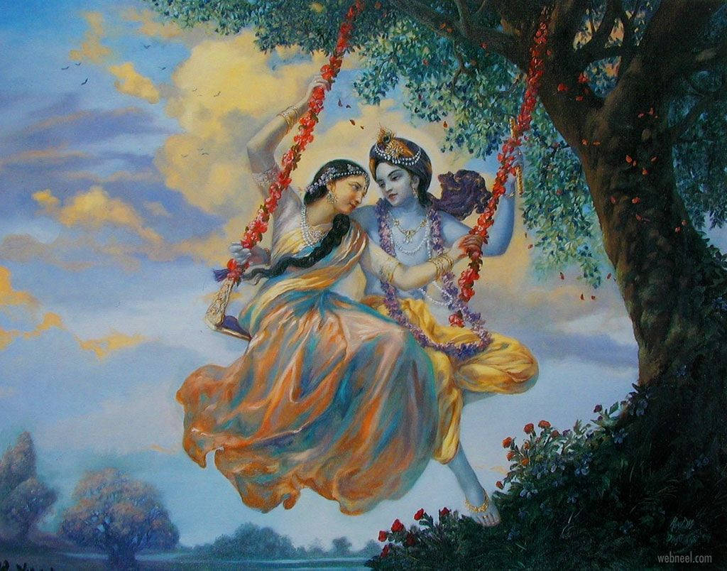 Cute Radha Krishna Floral Swing Wallpaper