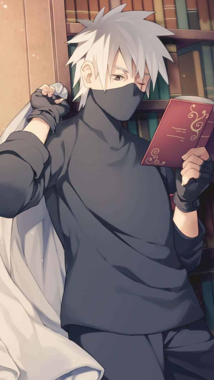 Cute Shinobi Kakashi Reading In Library Wallpaper