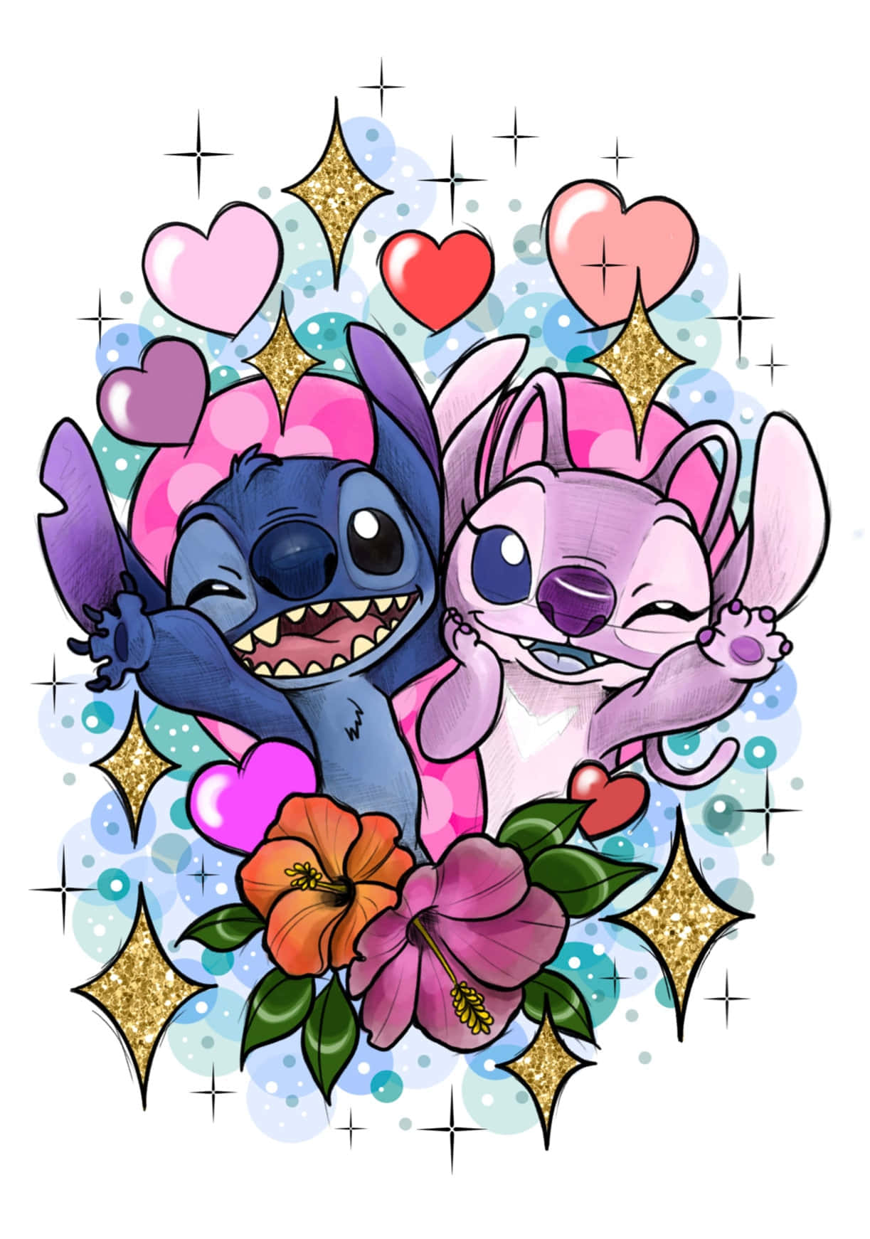 Cute Stitch And Angel Love Poster Wallpaper