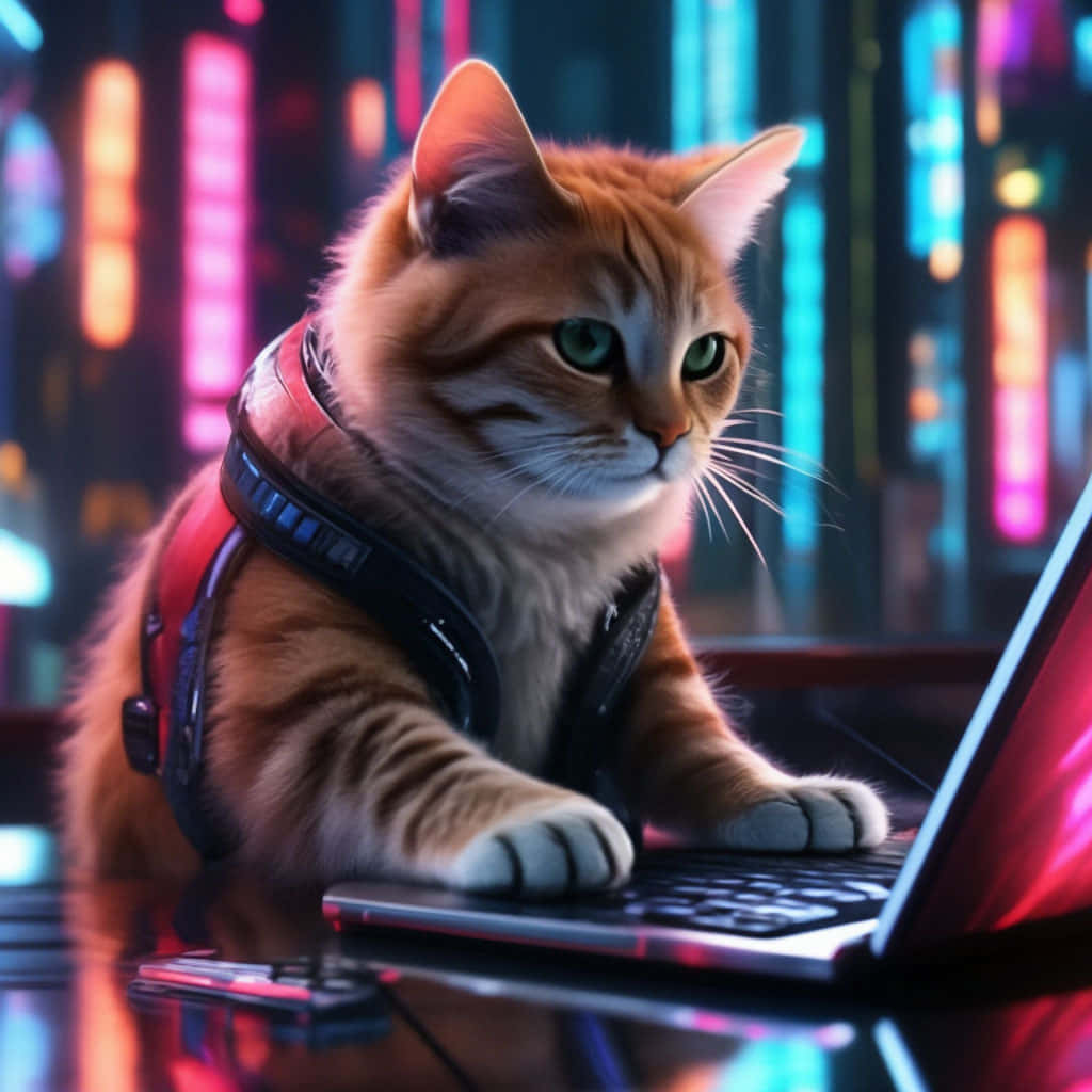 Cyberpunk Cat Typingat Laptop Wallpaper