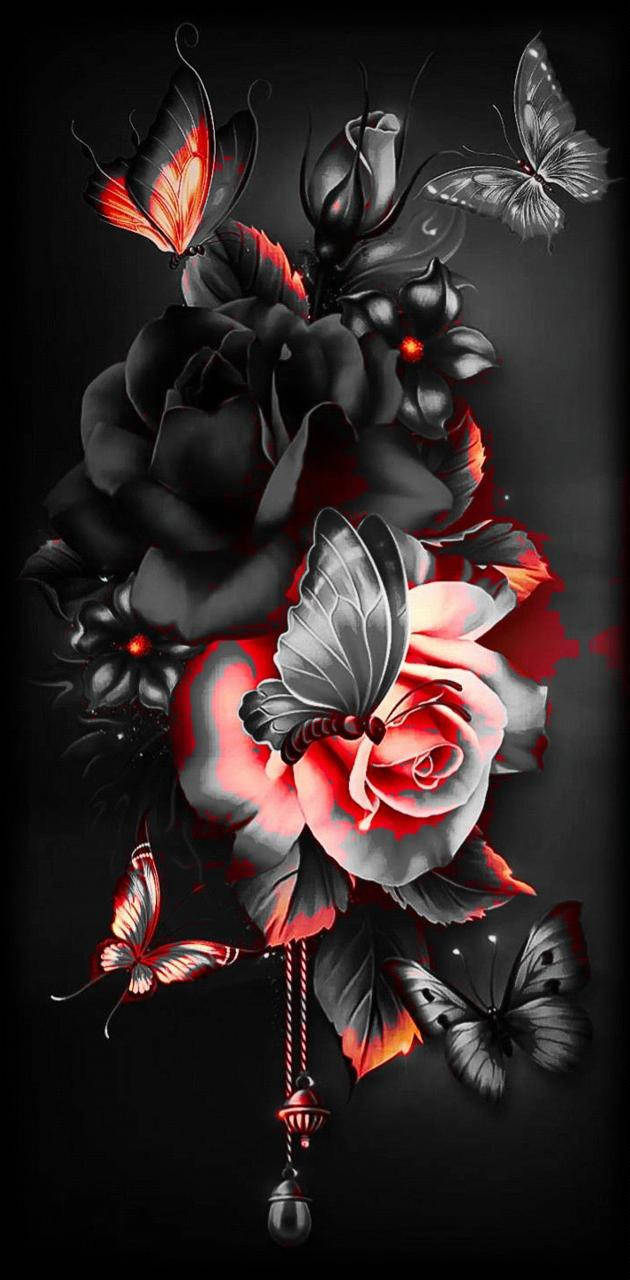 Dark Black Floral With Butterflies Wallpaper