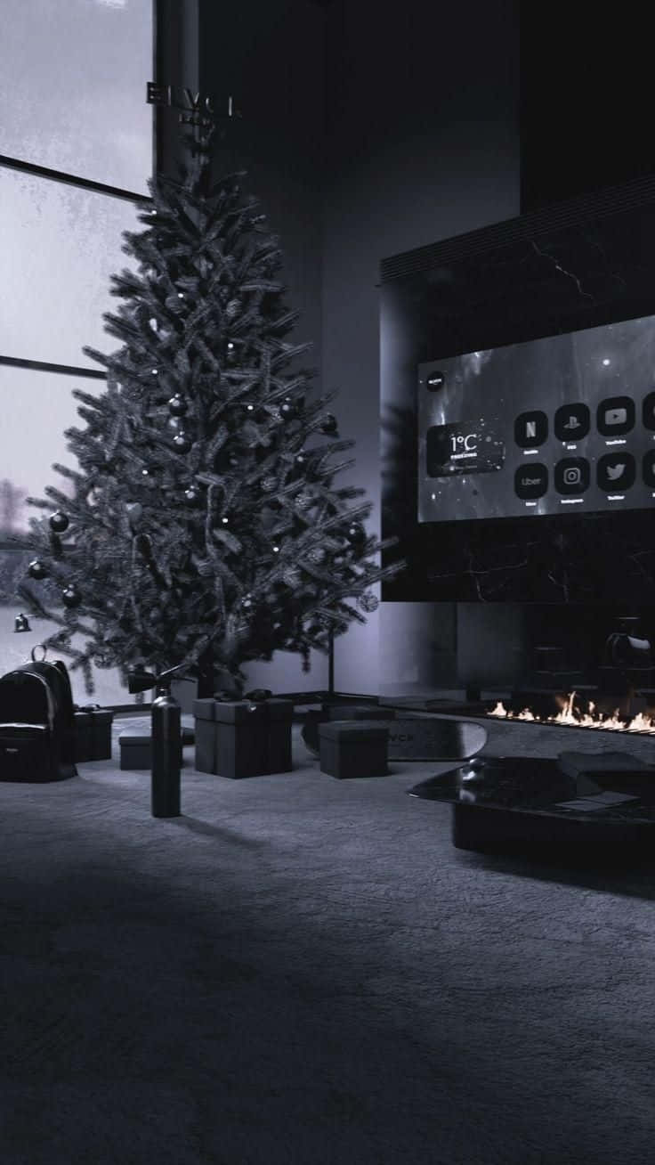 Dark Christmas Treeand Fireplace Aesthetic Wallpaper