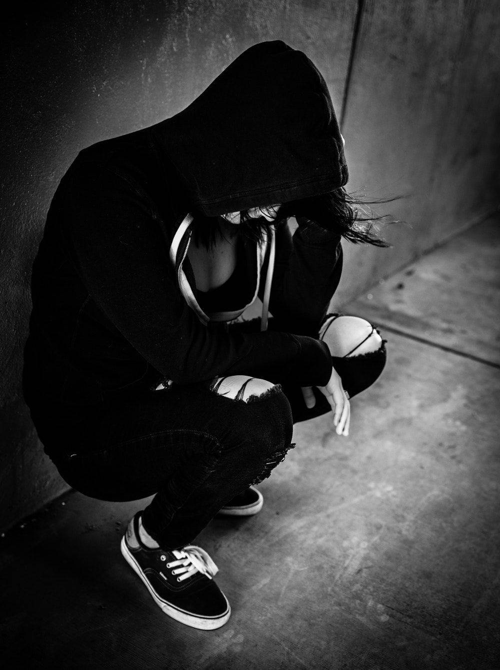 Dark Sad Girl In Black Hoodie Wallpaper