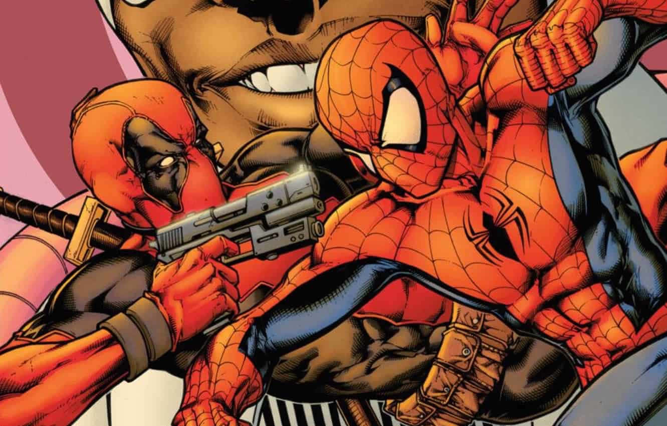 Deadpool And Spiderman Teaming Up In Action Wallpaper