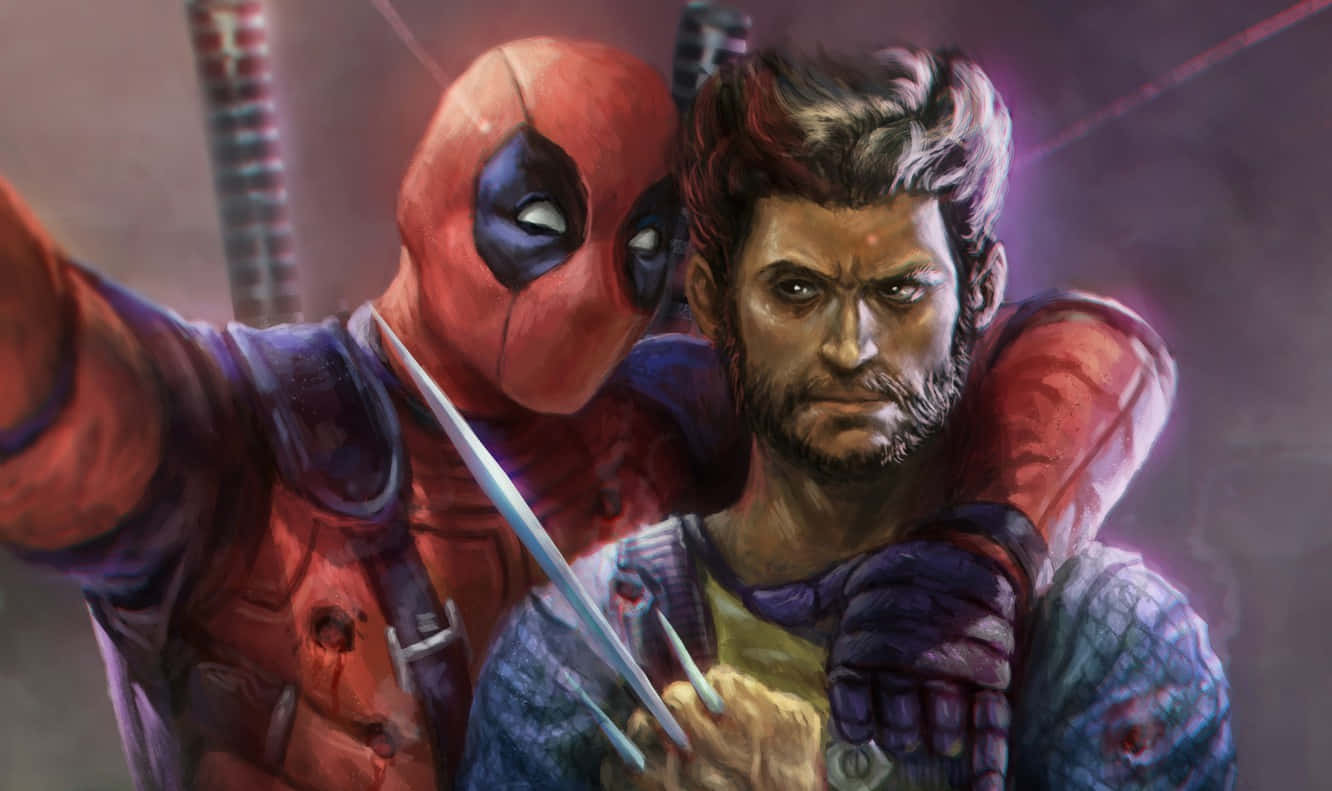 Deadpool And Wolverine In An Intense Battle Scene Wallpaper