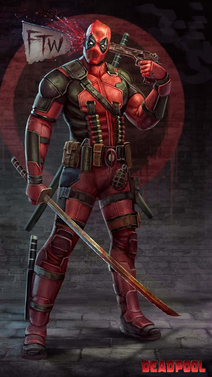 Deadpool In A Dynamic Pose In A Comic Style Background Wallpaper