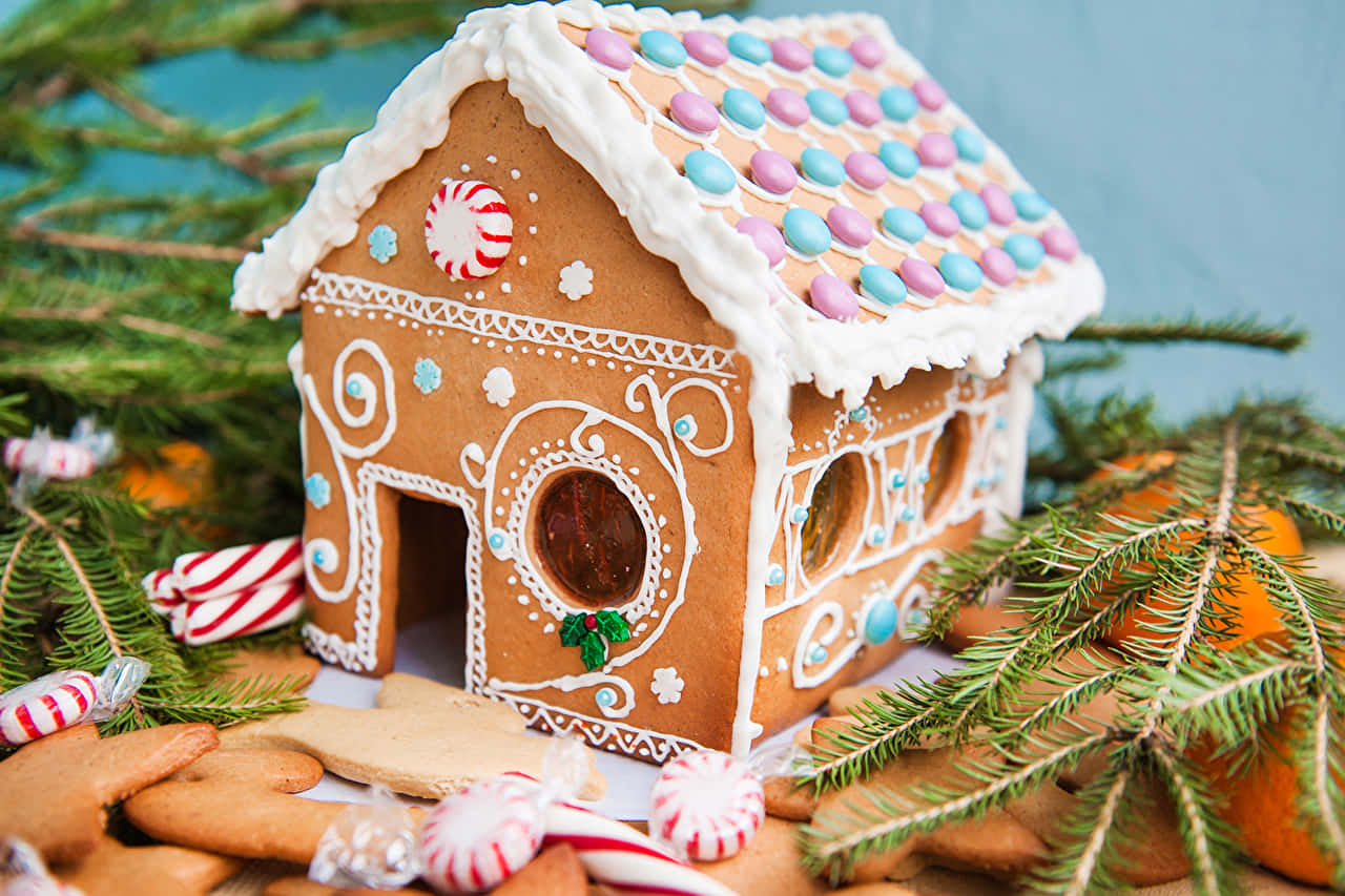 Decorated Gingerbread House Holiday Setting Wallpaper