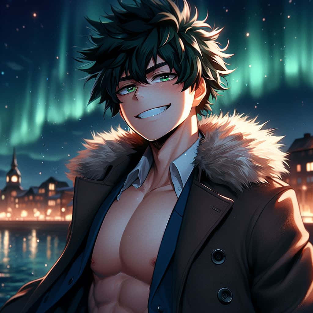 Deku Smiling Under Northern Lights Wallpaper