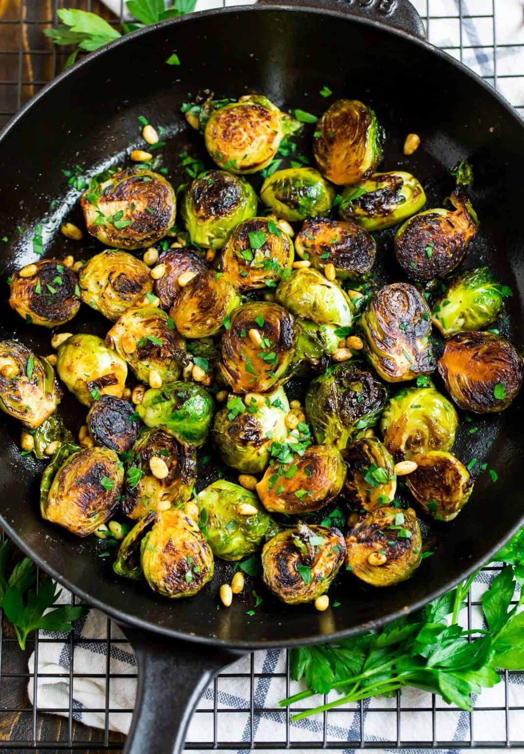 Delicious Cooked Brussels Sprouts In Ceramic Skillet Wallpaper