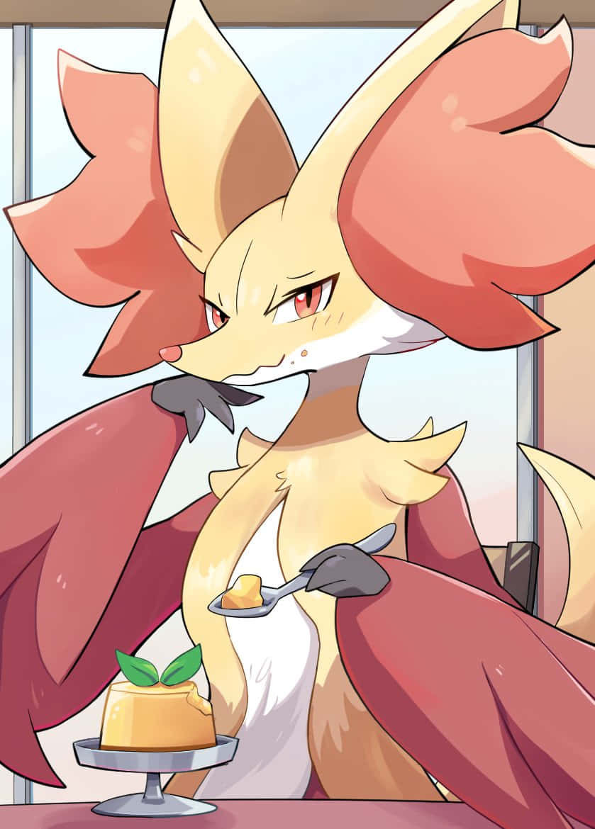 Delphox Enjoying Dessert Wallpaper